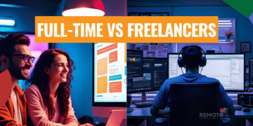 Full-time remote employees collaborating online as a stable team compared to freelancers.