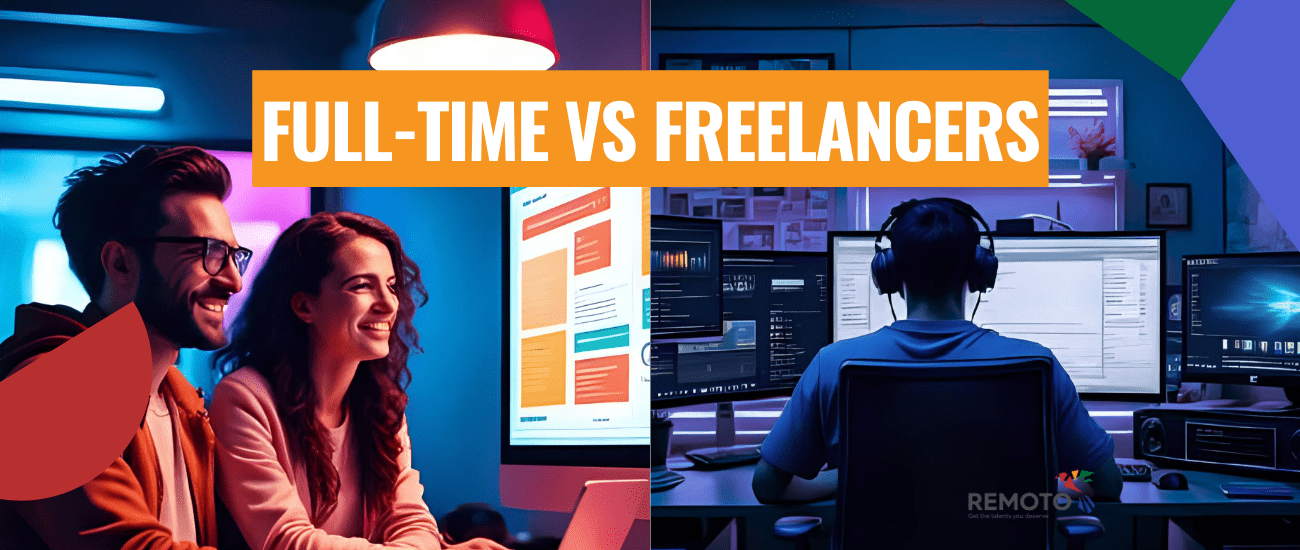BLOG COVER 4-A Full-time remote employees collaborating online as a stable team compared to freelancers.